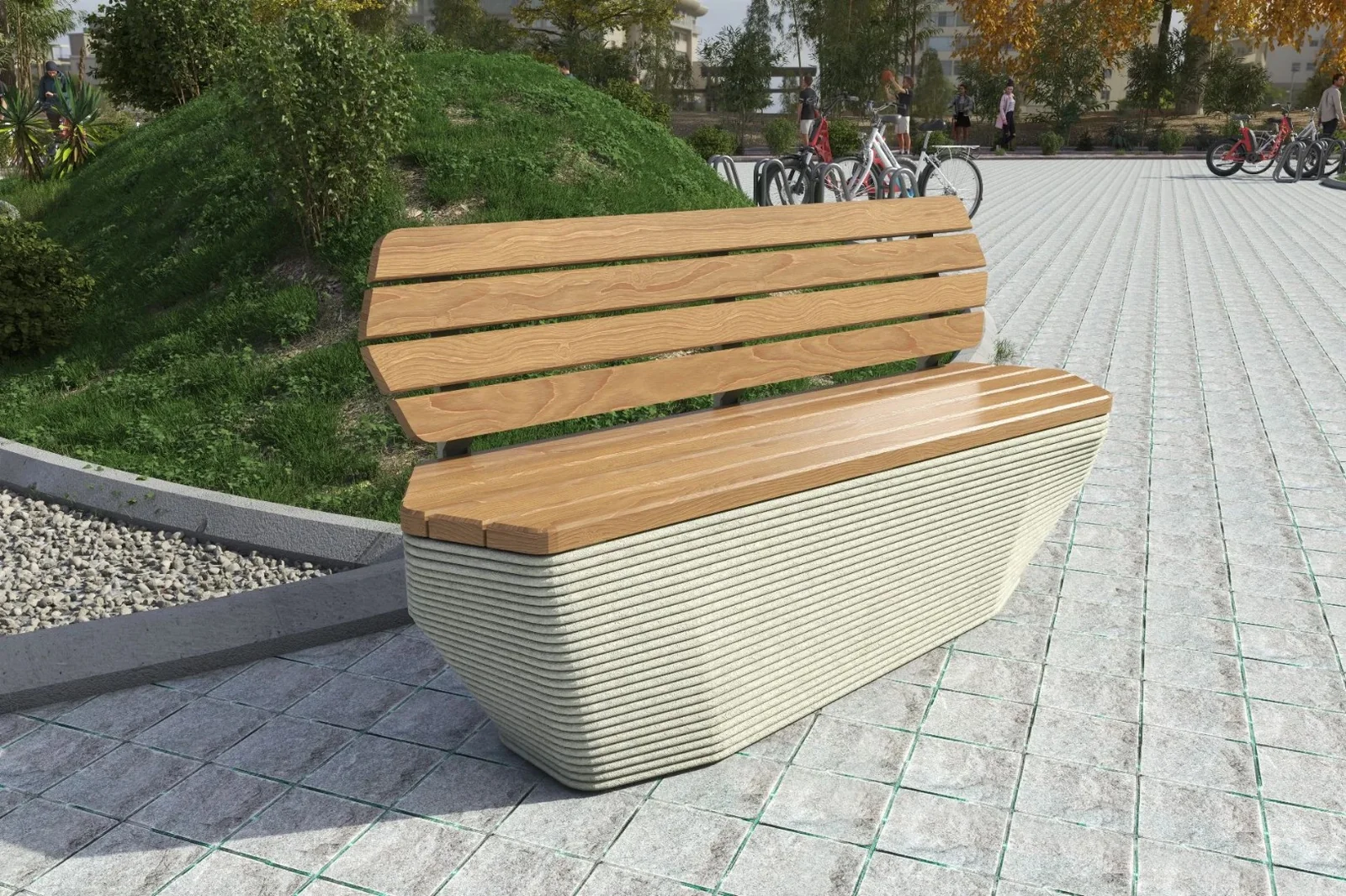 Banco de hormigón impreso 3D con listones de madera en plaza urbana